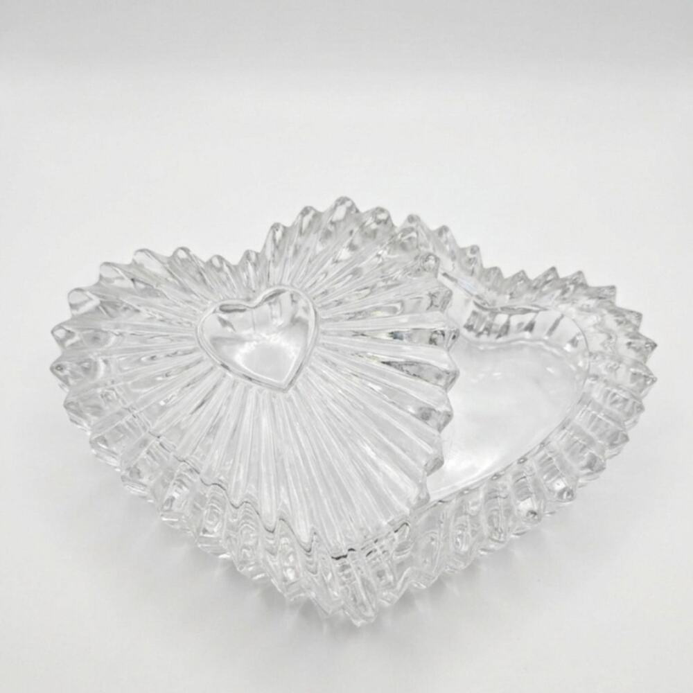 Vintage Heart Shaped Glass Lidded  Trinket Jewelry Box